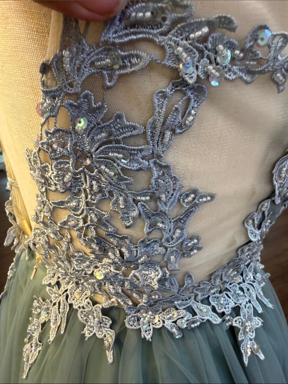 Elegant Sage dusty teal Green Tulle Evening Dress with Lace Appliqué - Picture 9 of 11